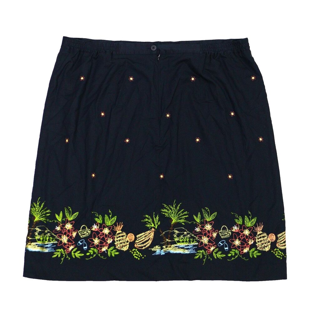 Annex Casual Corner Skirt Sz 1X Black Midi Pull On Hawaiian Fruit Embroidered